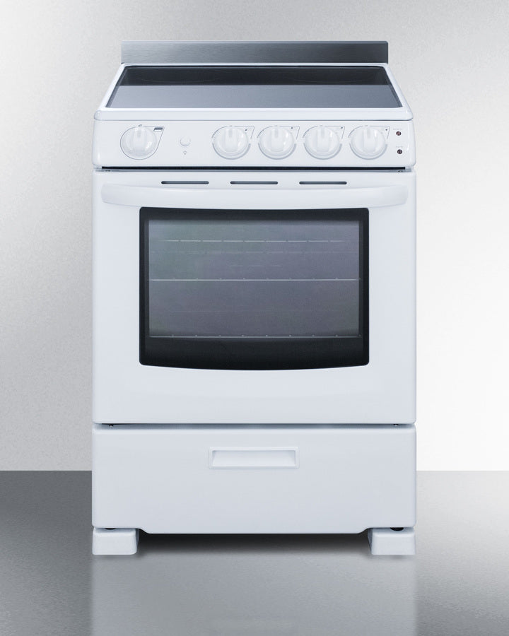 Summit Appliance RE2411W 24 Wide Electric Range in White Finish with Coil  Burners, Lower Storage Compartment, Four cooking Zones, Indicator Lights
