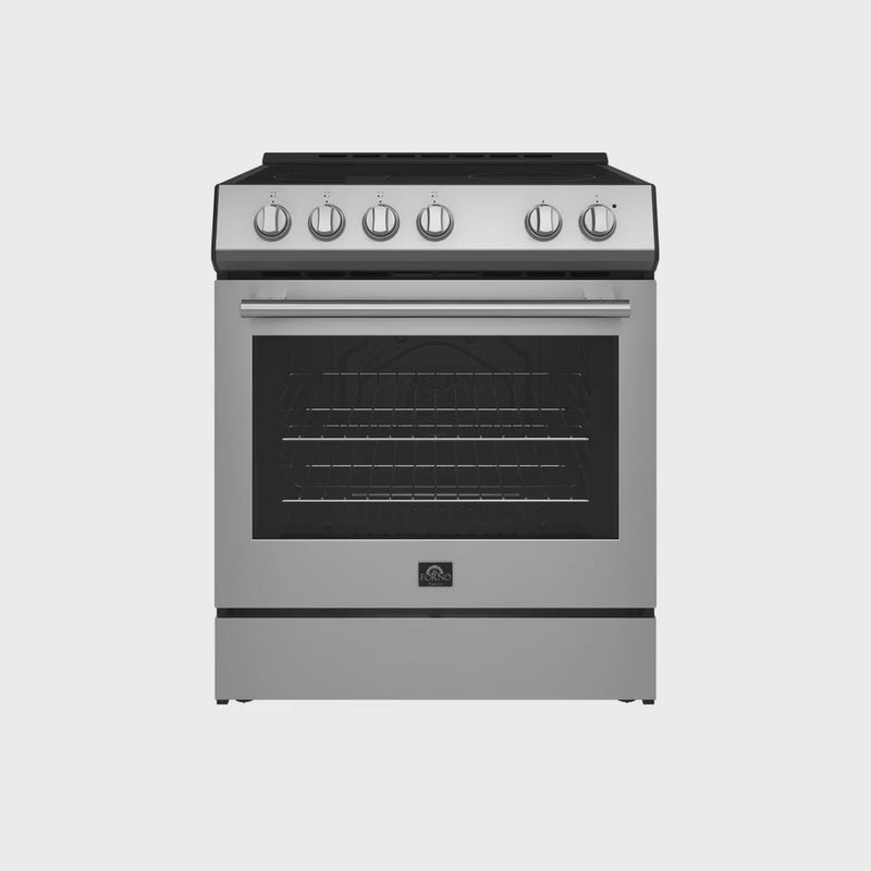 Forno Espresso Package - 30" Electric Range, Range Hood, and Refrigerator in Stainless, White, or Black