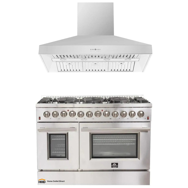 Forno 2-Piece Appliance Package - 48-Inch Dual Fuel Range & Wall Mount Hood in Stainless Steel