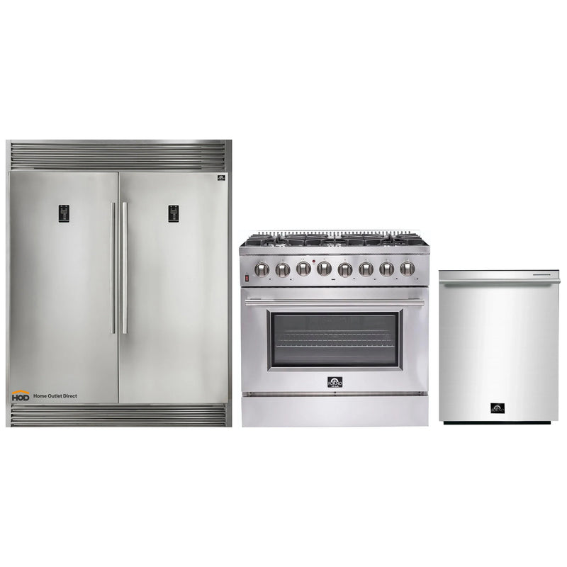 Forno 3-Piece Appliance Package - 36-Inch Dual Fuel Range, Pro-Style Refrigerator, and Dishwasher in Stainless Steel