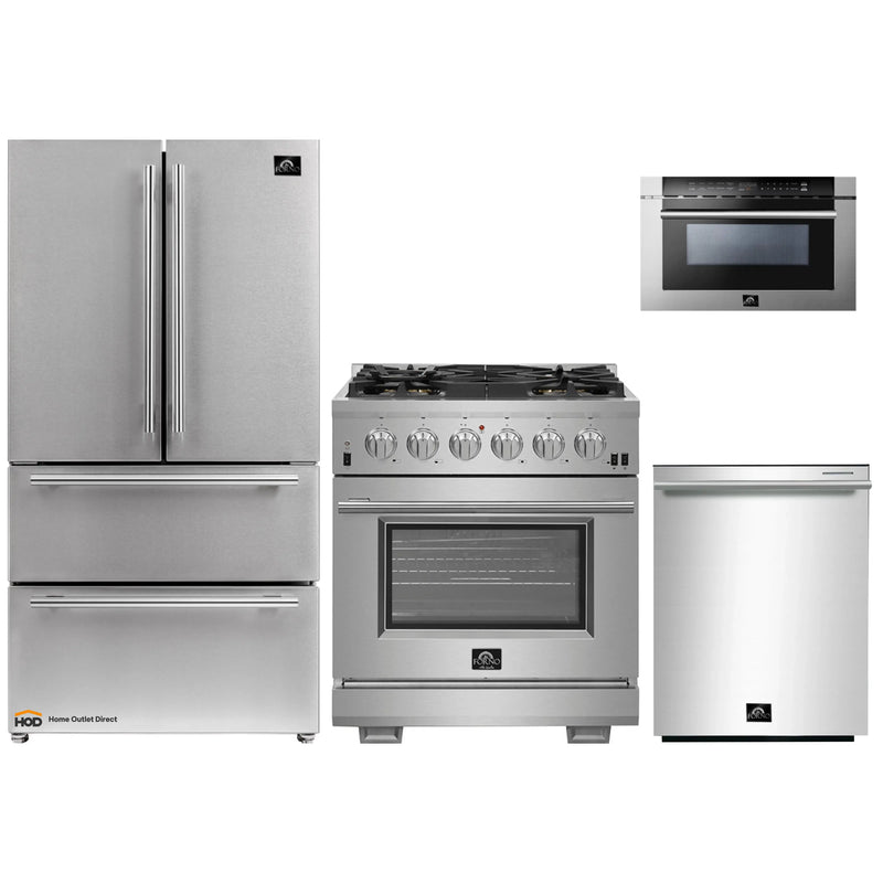 Forno 4-Piece Pro Appliance Package - 30-Inch Gas Range, Refrigerator, Microwave Drawer, & 3-Rack Dishwasher in Stainless Steel