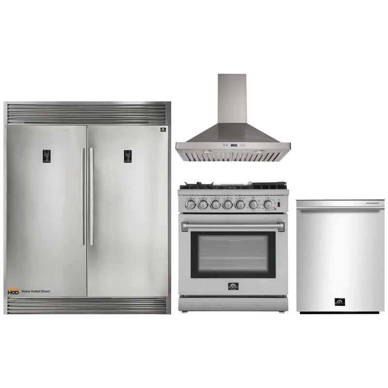 Forno 4-Piece Appliance Package - 30-Inch Dual Fuel Range with Air Fryer, 56-Inch Pro-Style Refrigerator, Wall Mount Hood, & 3-Rack Dishwasher in Stainless Steel