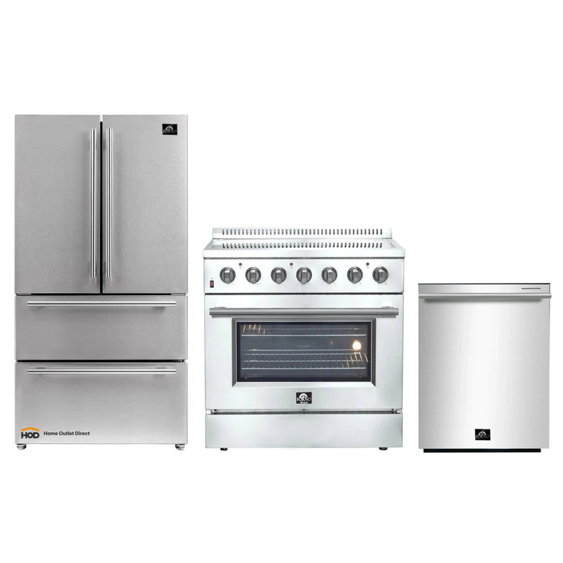 Forno 3-Piece Appliance Package - 36-Inch Electric Range, French Door Refrigerator, and Dishwasher in Stainless Steel