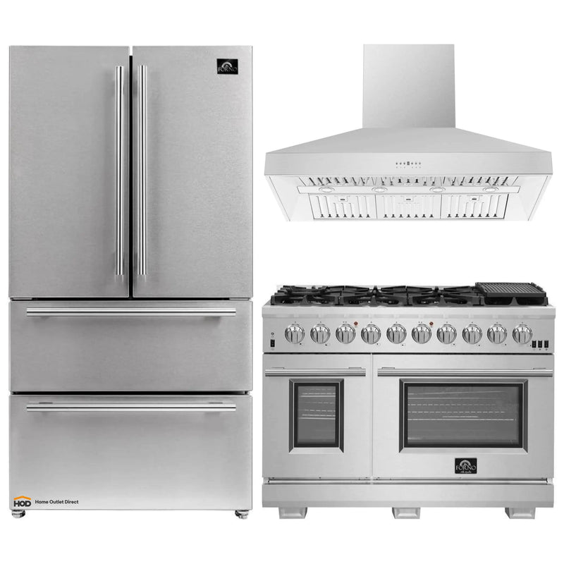 Forno 3-Piece Pro Appliance Package - 48-Inch Gas Range, Refrigerator, Wall Mount Hood in Stainless Steel