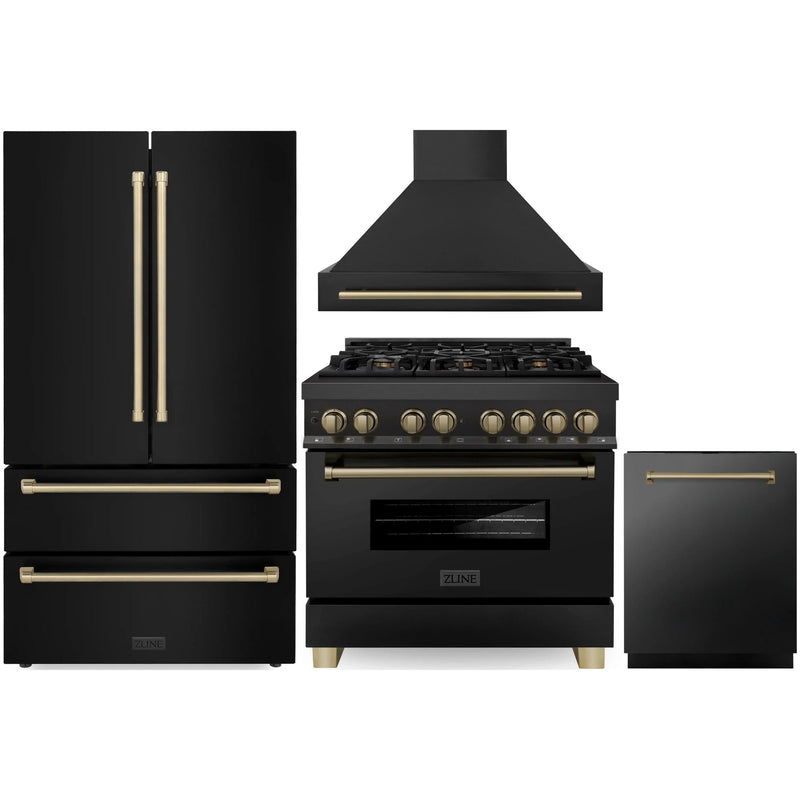 ZLINE Autograph Edition 4-Piece Appliance Package - 36-Inch Dual Fuel Range, Refrigerator, Wall Mounted Range Hood, and 24-Inch Tall Tub Dishwasher in Black Stainless Steel with Champagne Bronze Trim (4AKPR-RABRHDWV36-CB)