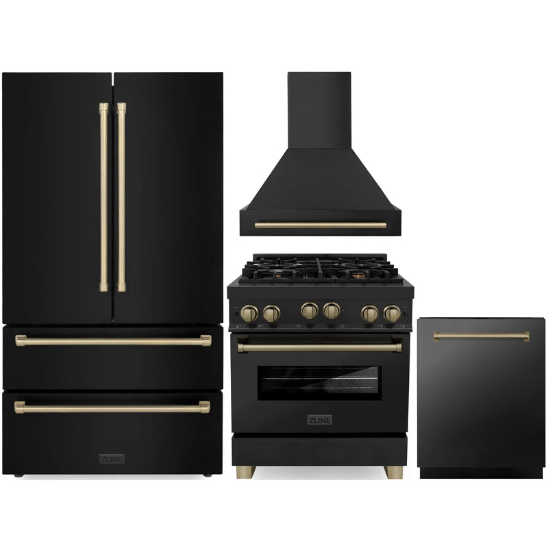 ZLINE Autograph Edition 4-Piece Appliance Package - 30-Inch Gas Range, Refrigerator, Wall Mounted Range Hood, & 24-Inch Tall Tub Dishwasher in Black Stainless Steel with Champagne Bronze Trim (4AKPR-RGBRHDWV30-CB)