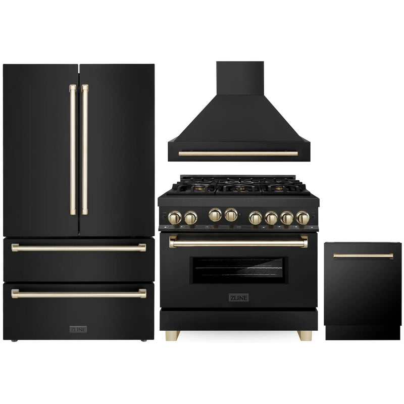 ZLINE Autograph Edition 4-Piece Appliance Package - 36-Inch Gas Range, Refrigerator, Wall Mounted Range Hood, & 24-Inch Tall Tub Dishwasher in Black Stainless Steel with Gold Trim (4AKPR-RGBRHDWV36-G)