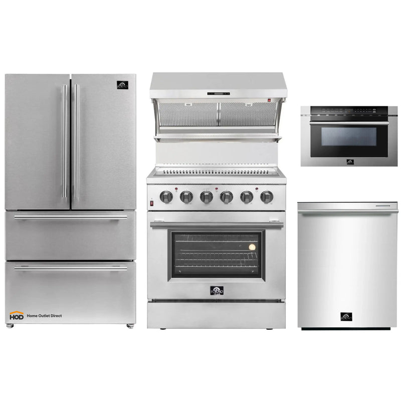 Forno 5-Piece Appliance Package - 30-Inch Electric Range, Wall Mount Range Hood with Backsplash, French Door Refrigerator, Dishwasher, and Microwave Drawer in Stainless Steel