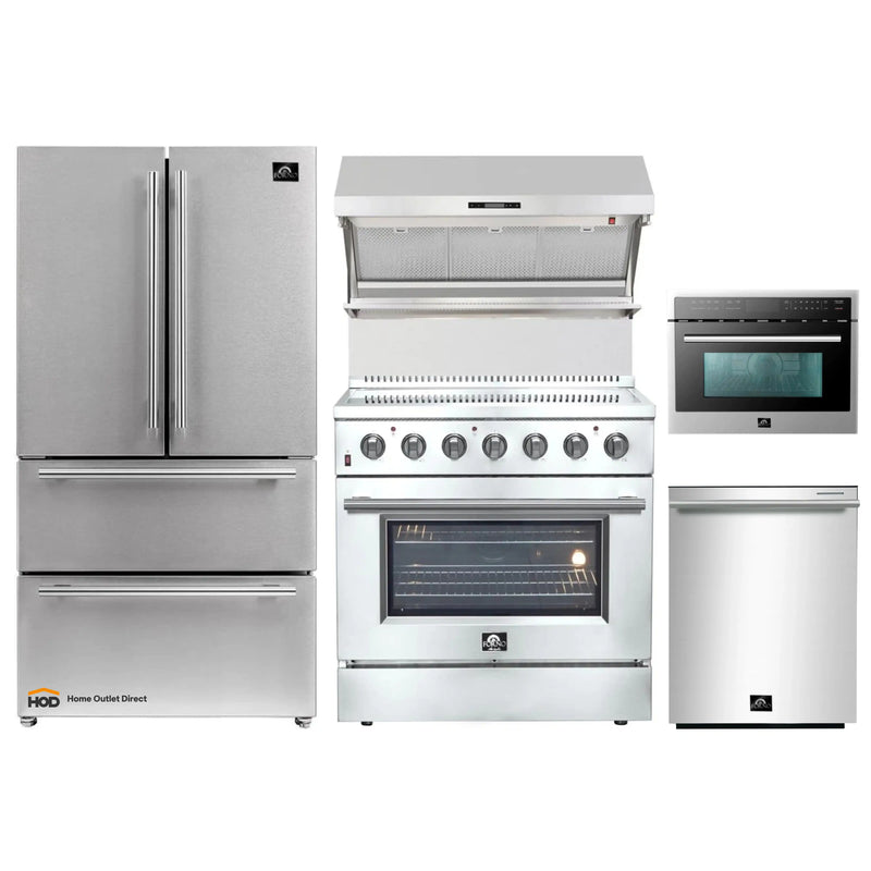 Forno 5-Piece Appliance Package - 36-Inch Electric Range, Wall Mount Range Hood with Backsplash, French Door Refrigerator, Dishwasher, and Microwave Oven in Stainless Steel