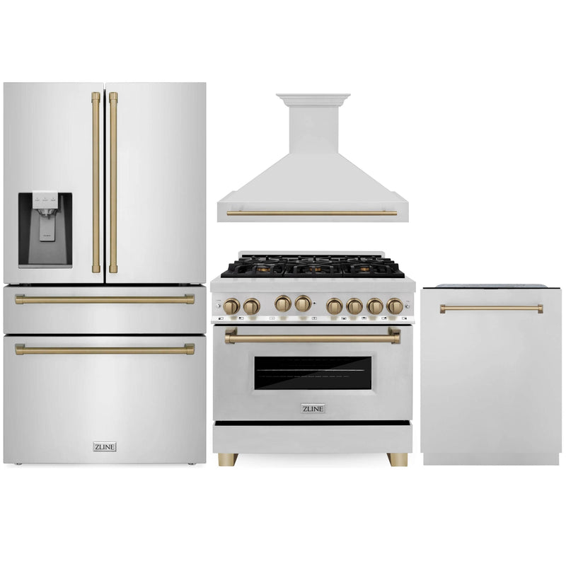 ZLINE Autograph Edition 4-Piece Appliance Package - 36-Inch Gas Range, Refrigerator with Water Dispenser, Wall Mounted Range Hood, and 24-Inch Tall Tub Dishwasher in Stainless Steel with Champagne Bronze Trim (4AKPR-RGRHDWM36-CB)