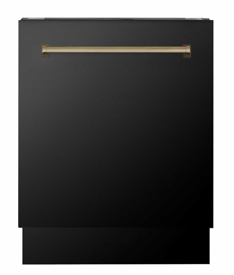 ZLINE Autograph Edition 4-Piece Appliance Package - 30-Inch Gas Range, Refrigerator, Wall Mounted Range Hood, & 24-Inch Tall Tub Dishwasher in Black Stainless Steel with Champagne Bronze Trim (4AKPR-RGBRHDWV30-CB)