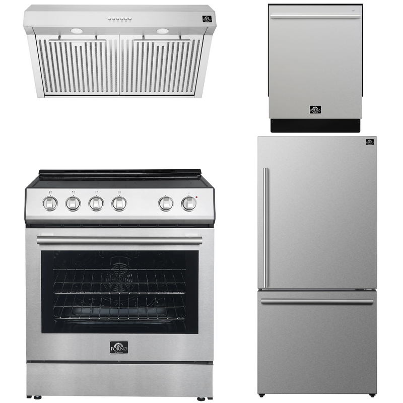 Forno Espresso Package - 30" Electric Range, Under Cabinet Range Hood, 31" Refrigerator and Tall Tub Dishwasher, FBDL-010-01US