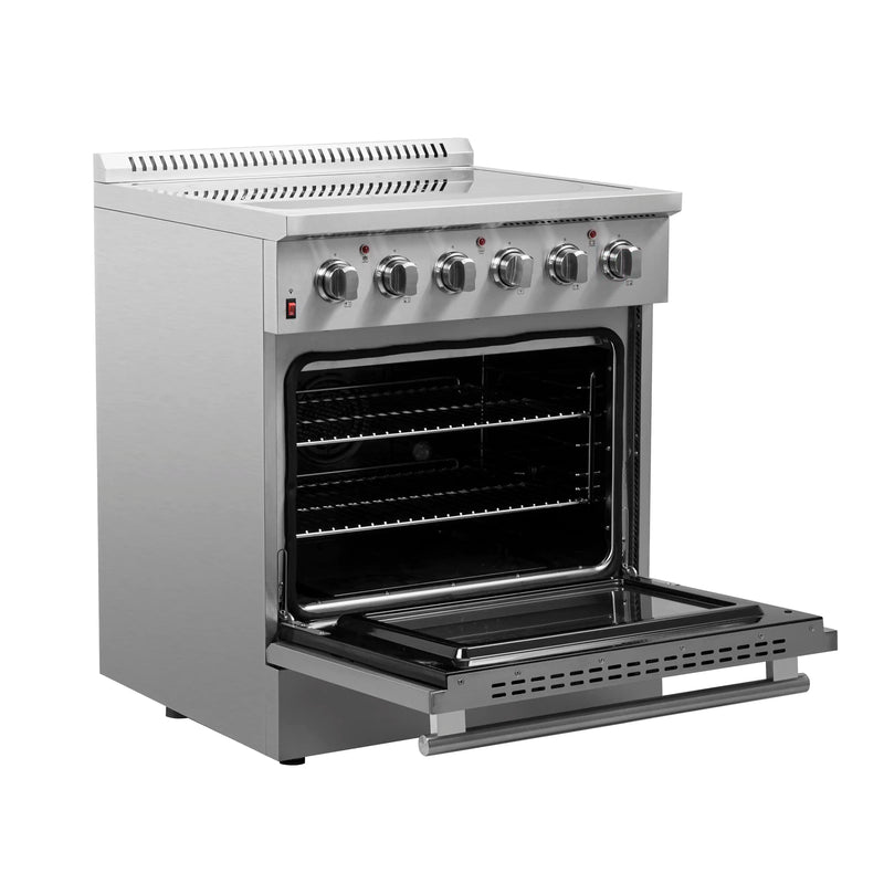 Forno 5-Piece Appliance Package - 30-Inch Electric Range, Wall Mount Range Hood, French Door Refrigerator, Dishwasher, and Microwave Drawer in Stainless Steel