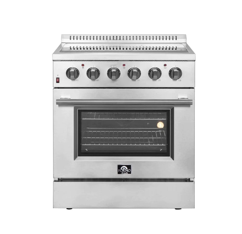 Forno 5-Piece Appliance Package - 30-Inch Electric Range, Wall Mount Range Hood with Backsplash, Pro-Style Refrigerator, Dishwasher, and Microwave Drawer in Stainless Steel