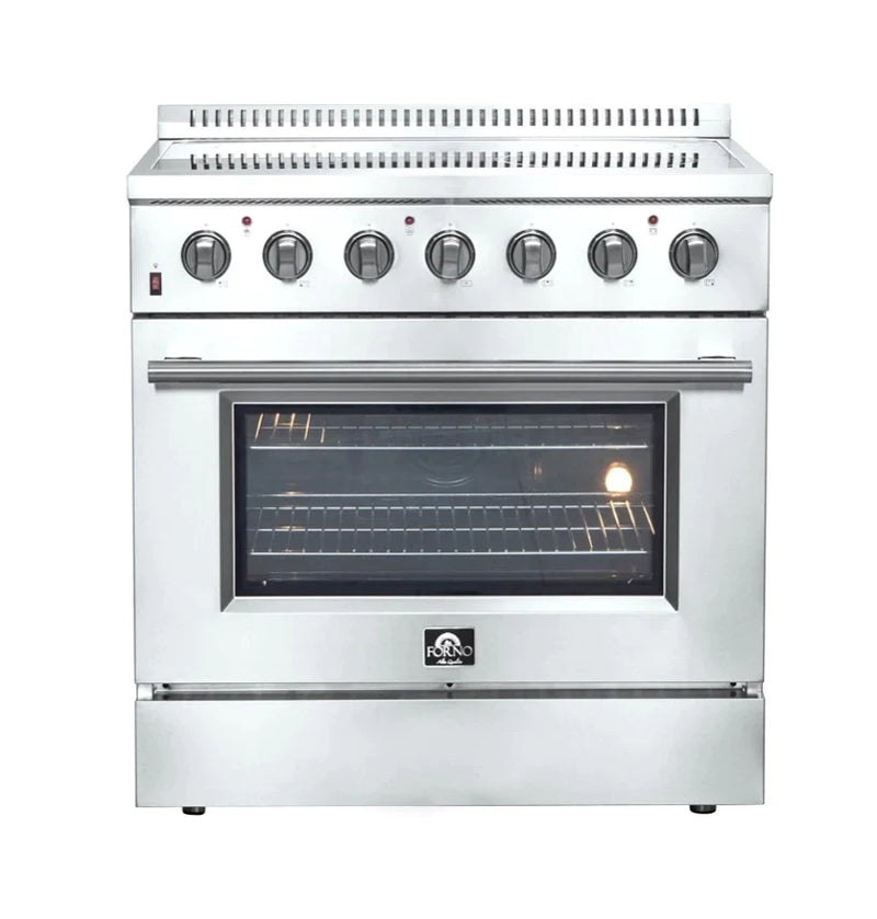 Forno 5-Piece Appliance Package - 36-Inch Electric Range, Wall Mount Range Hood, French Door Refrigerator, Dishwasher, and Microwave Drawer in Stainless Steel