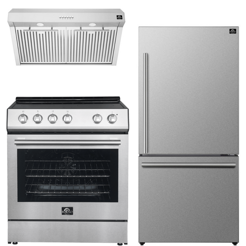 Forno Espresso Package - 30" Electric Range, Range Hood, and Refrigerator in Stainless, White, or Black