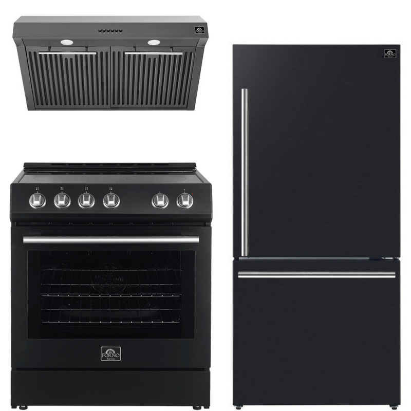 Forno Espresso Package - 30" Electric Range, Range Hood, and Refrigerator in Stainless, White, or Black