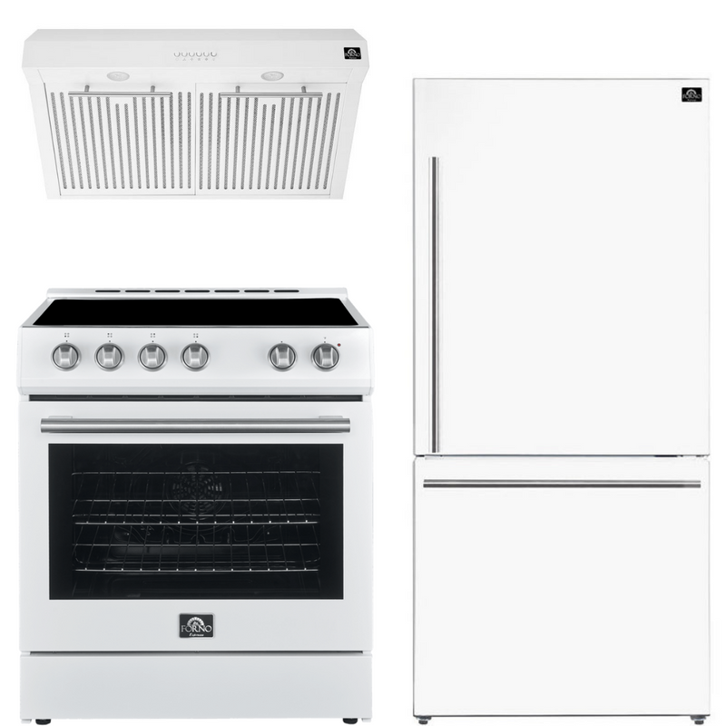 Forno Espresso Package - 30" Electric Range, Range Hood, and Refrigerator in Stainless, White, or Black