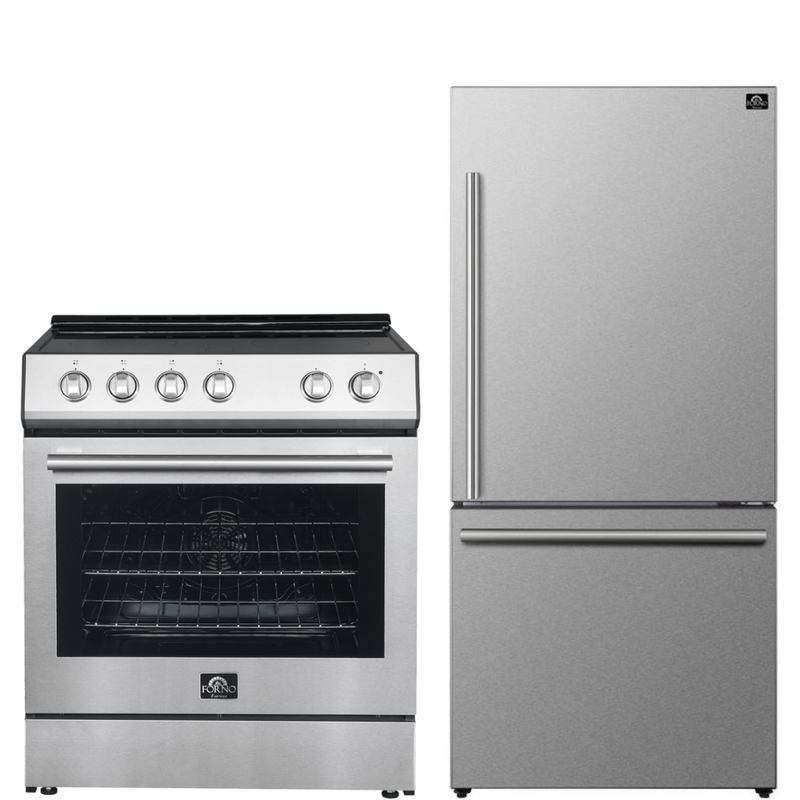 Forno Espresso Package - 30" Electric Range and Refrigerator in Stainless, Black, or White with Accents