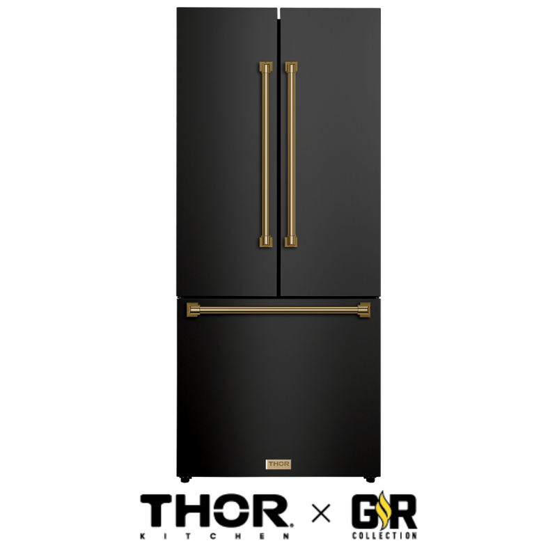 Gordon Ramsay by THOR Kitchen 30" 17.5 cu. ft. French Door Counter Depth Refrigerator with Ice Maker in Matte Black with Stainless Steel Accents, RF3017FFD00