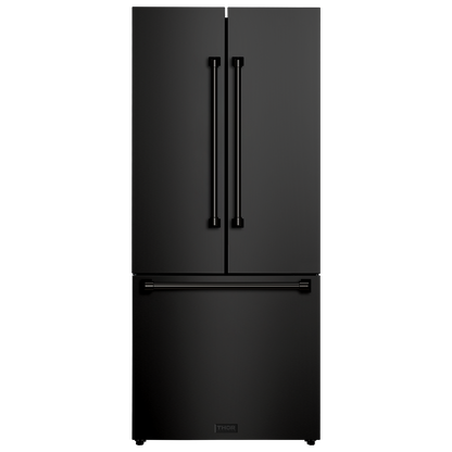 Gordon Ramsay by THOR Kitchen 30" 17.5 cu. ft. French Door Counter Depth Refrigerator with Ice Maker in Matte Black with Stainless Steel Accents, RF3017FFD00