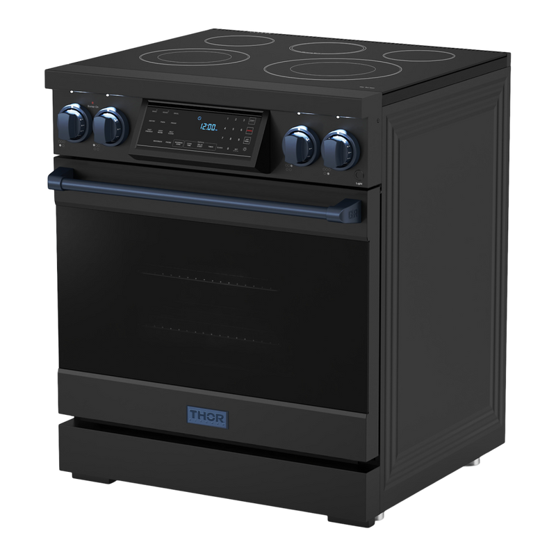 Gordon Ramsay by THOR Kitchen Package - 30" Electric Range, 36" Refrigerator with Ice Maker and Dishwasher in Black Matte with Navy Blue Accents, AP-RSE30B-2