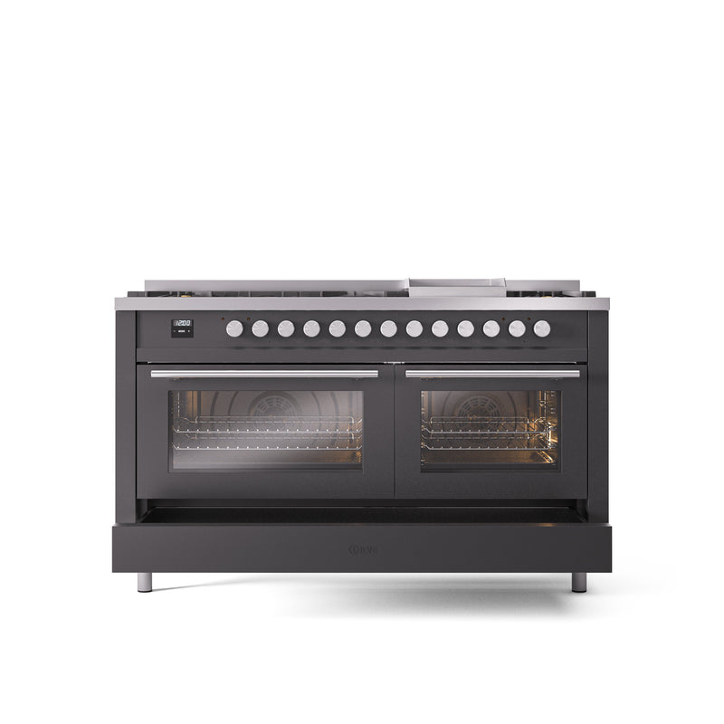 ILVE Professional Plus 60" Dual Fuel Range with 9 Sealed Burners w/Griddle Triple Glass Door - UP60FWMP