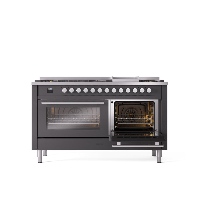 ILVE Professional Plus 60" Dual Fuel Range with 9 Sealed Burners w/Griddle Triple Glass Door - UP60FWMP