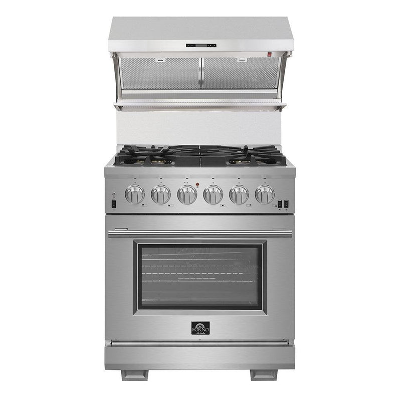 Forno 4-Piece Appliance Package - 30-Inch Electric Range, Wall Mount Range Hood with Backsplash, French Door Refrigerator, and Dishwasher in Stainless Steel