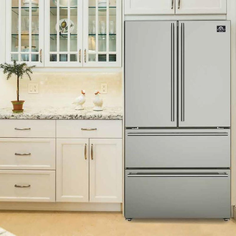 Forno 3-Piece Appliance Package - 36-Inch Electric Range, French Door Refrigerator, and Dishwasher in Stainless Steel