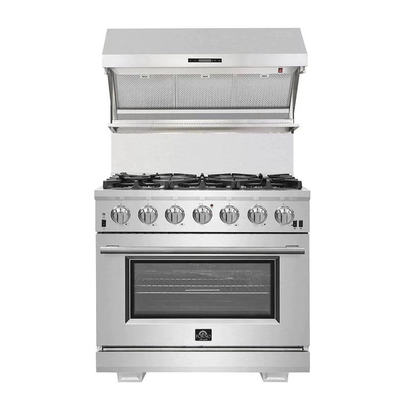 Forno 3-Piece Pro Appliance Package - 36-Inch Gas Range, Refrigerator with Water Dispenser,& Wall Mount Hood with Backsplash in Stainless Steel