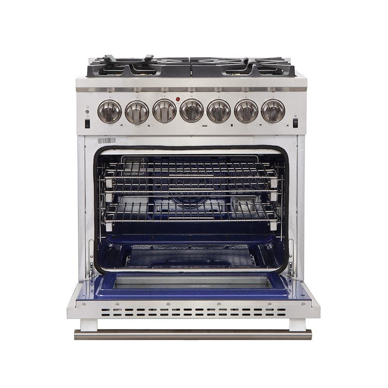 Forno 4-Piece Pro Appliance Package - 30-Inch Dual Fuel Range, Premium Hood, Pro-Style Refrigerator, and Dishwasher in Stainless Steel