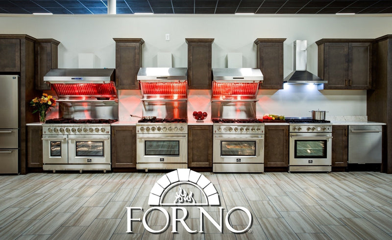 Forno 4-Piece Pro Appliance Package - 30-Inch Gas Range, 56-Inch Pro-Style Refrigerator, Wall Mount Hood with Backsplash, and Dishwasher in Stainless Steel