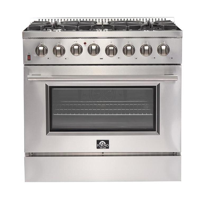 Forno 3-Piece Appliance Package - 36-Inch Dual Fuel Range, Refrigerator, & Wall Mount Hood with Backsplash in Stainless Steel