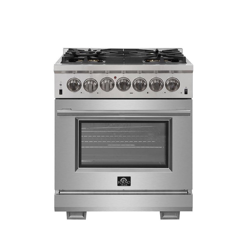 Forno 4-Piece Pro Appliance Package - 30-Inch Dual Fuel Range, Refrigerator with Water Dispenser, Wall Mount Hood with Backsplash, & 3-Rack Dishwasher in Stainless Steel