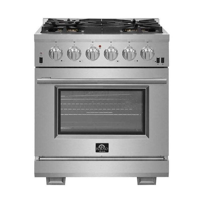 Forno 3-Piece Pro Appliance Package - 30-Inch Gas Range, Refrigerator, & Wall Mount Hood with Backsplash in Stainless Steel