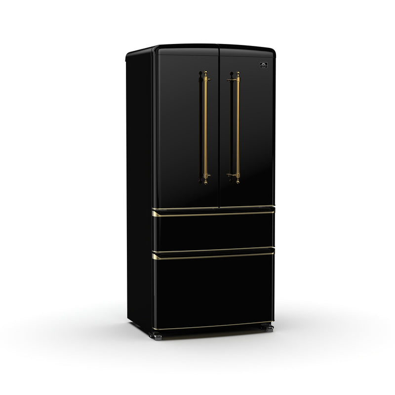 Forno Luigi 33" 18 cu. ft. French Door Refrigerator in Black with Antique Brass Handles, FFFFD1791-33BLK