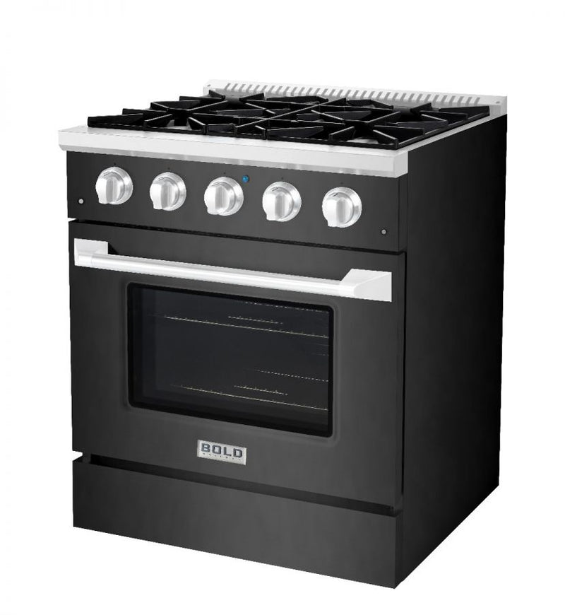 Hallman 30 In. Range with Propane Gas Burners and Electric Oven, Black Titanium with Chrome Trim - Bold Series, HBRDF30CMBT-LP