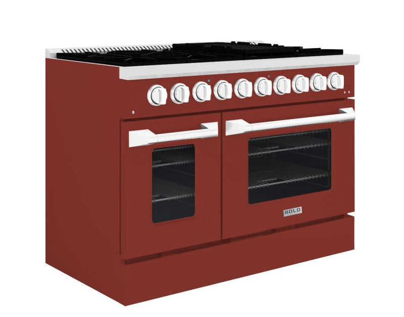 Hallman 48 In. Range with Propane Gas Burners and Electric Oven, Burgundy with Chrome Trim - Bold Series, HBRDF48CMBG-LP