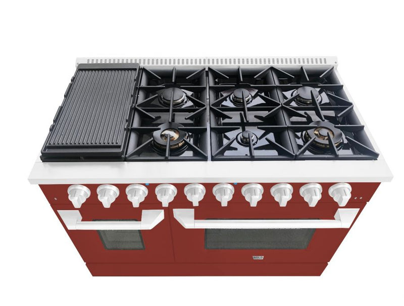 Hallman 48 In. Range with Propane Gas Burners and Electric Oven, Burgundy with Chrome Trim - Bold Series, HBRDF48CMBG-LP