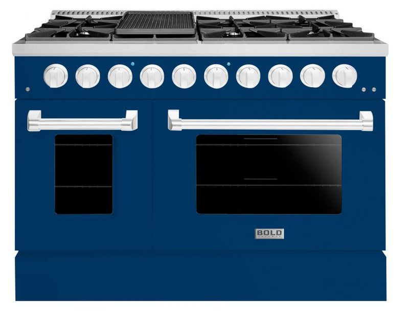 Hallman 48 In. Range with Propane Gas Burners and Electric Oven, Blue with Chrome Trim - Bold Series, HBRDF48CMBU-LP