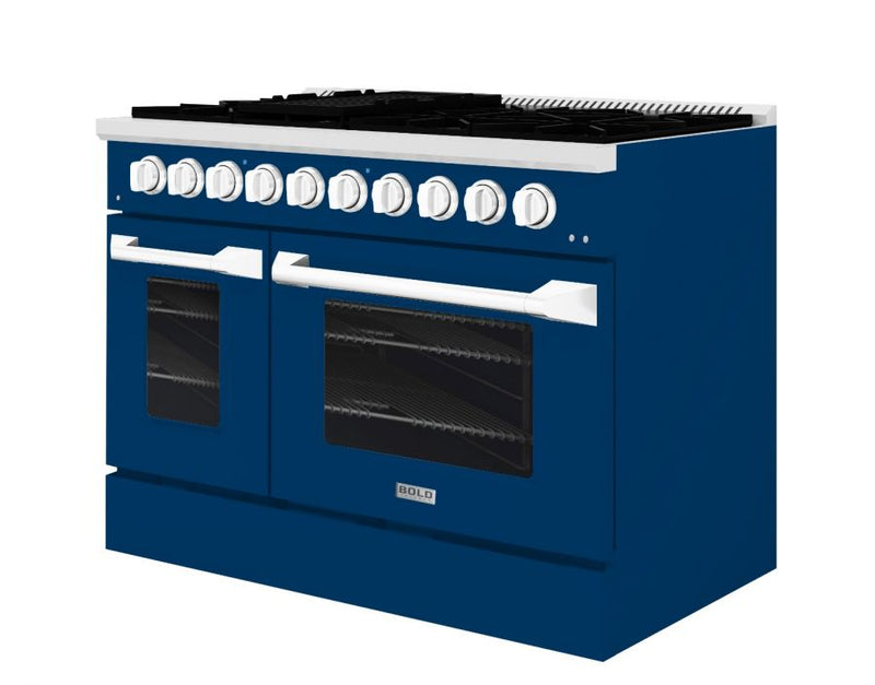 Hallman 48 In. Range with Propane Gas Burners and Electric Oven, Blue with Chrome Trim - Bold Series, HBRDF48CMBU-LP