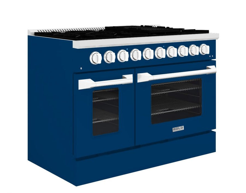 Hallman 48 In. Range with Propane Gas Burners and Electric Oven, Blue with Chrome Trim - Bold Series, HBRDF48CMBU-LP