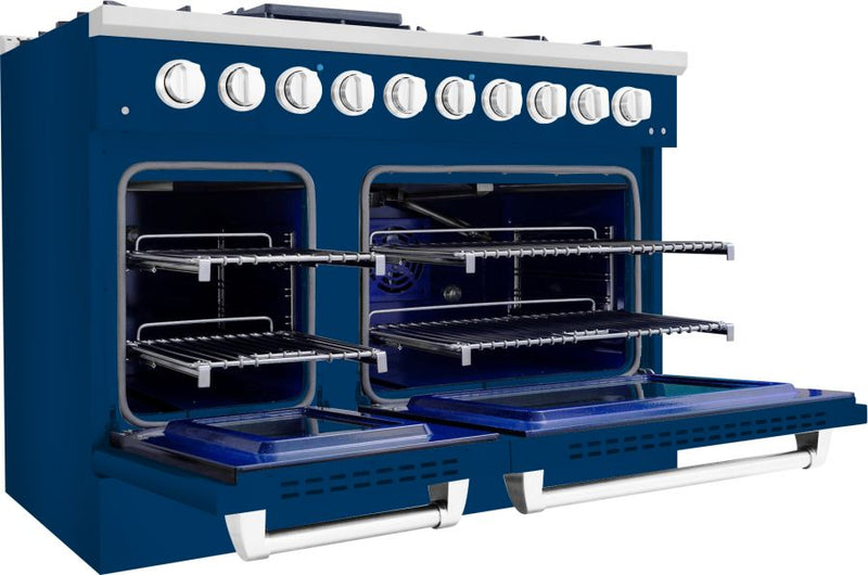 Hallman 48 In. Range with Propane Gas Burners and Electric Oven, Blue with Chrome Trim - Bold Series, HBRDF48CMBU-LP