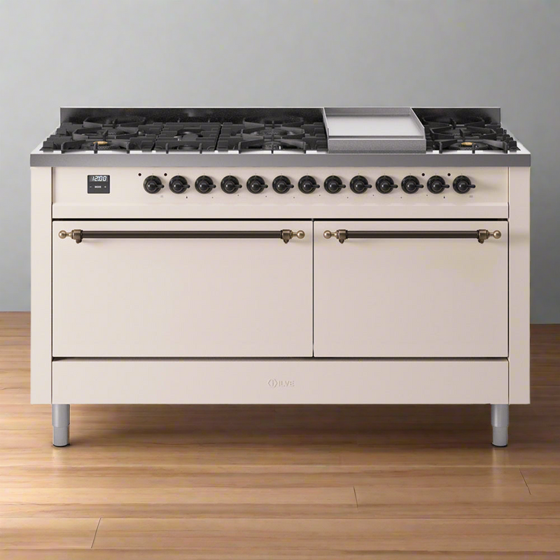 ILVE Nostalgie II 60" Dual Fuel Range with 9 Sealed Burners + Griddle Solid Door - UP60FQNMP