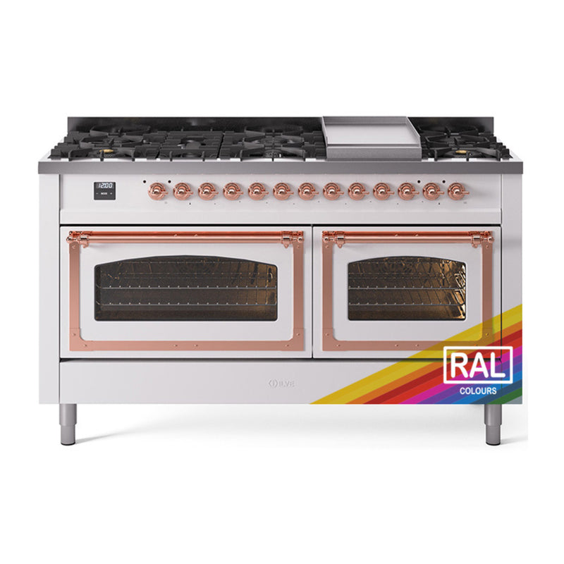 ILVE Nostalgie II Noblesse 60" Dual Fuel Freestanding Range with 9 Sealed Burners + Griddle with Triple Glass Door - UN60FNMP