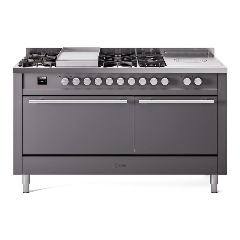 ILVE Professional Plus II 60" Dual Fuel Range with 7 Sealed Burners + Griddle + French Top Solid Door - UP60FSQMP