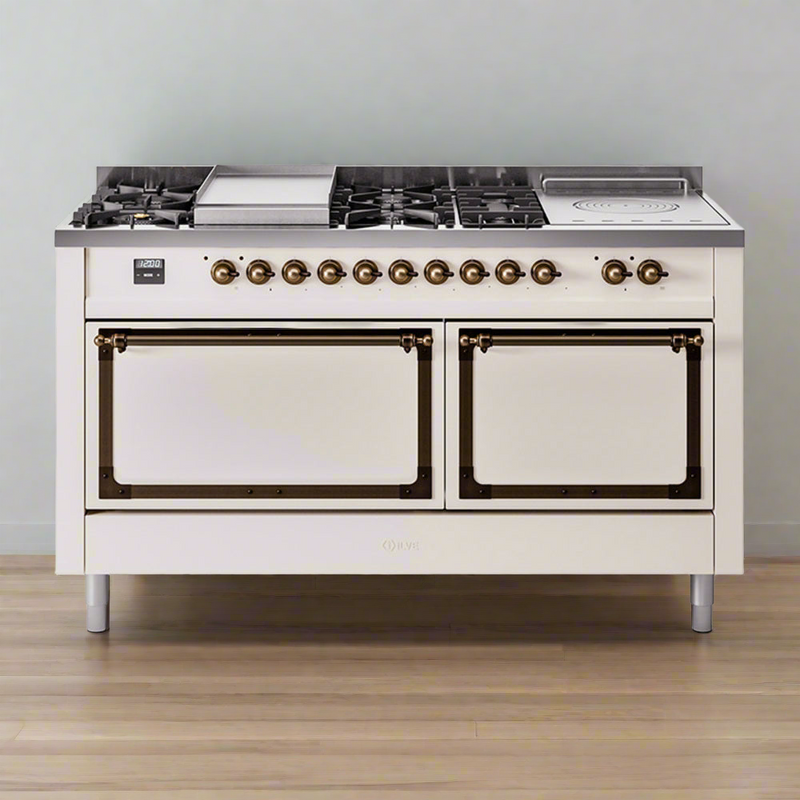 ILVE Nostalgie II Noblesse 60" Dual Fuel Freestanding Range with 7 Sealed Burners + Griddle + French Top with Solid Door - UN60FSQNMP