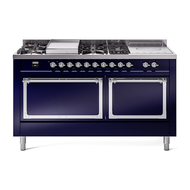 ILVE Nostalgie II Noblesse 60" Dual Fuel Freestanding Range with 7 Sealed Burners + Griddle + French Top with Solid Door - UN60FSQNMP