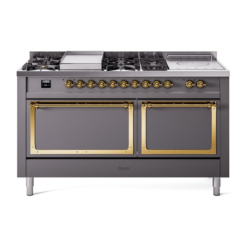 ILVE Nostalgie II Noblesse 60" Dual Fuel Freestanding Range with 7 Sealed Burners + Griddle + French Top with Solid Door - UN60FSQNMP